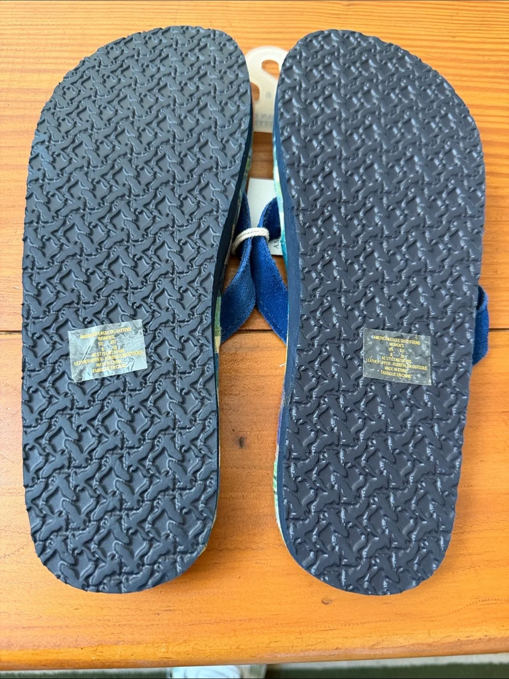 American Eagle Outfitters Blue Suede and Plaid Fabric Flip Flops, NWT, size 8